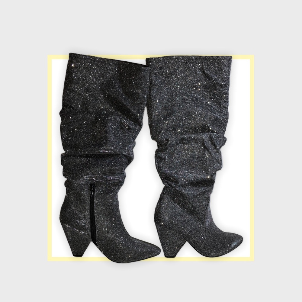 Black sparkle knee high heel boots